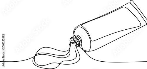 Continuous single line drawing of a squeeze tube with cream or lotion coming out for skincare beauty and health product concept art