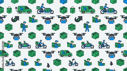 Eco delivery transport icons and sustainable courier symbols arranged in a seamless repeating pattern for urban logistics branding