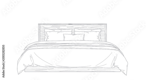 Line art illustration of a bed with pillows and a wooden headboard