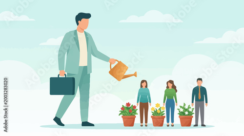Business leader watering employees, symbolizing professional growth and development