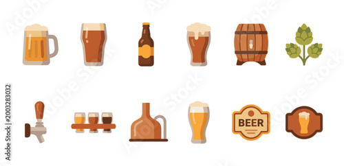 A collection of flat design vector icons representing various aspects of beer, including glasses, bottles, hops, barrel, tap, and brewing equipment.