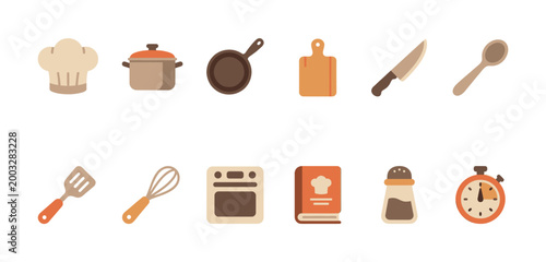 A charming collection of flat design icons featuring various kitchen tools and utensils, ideal for culinary themes and cooking content.
