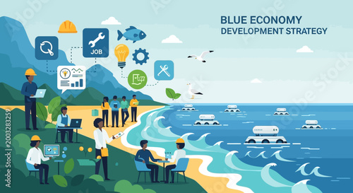 Blue Economy Development Strategy Concept with People Working on Coastal Technology