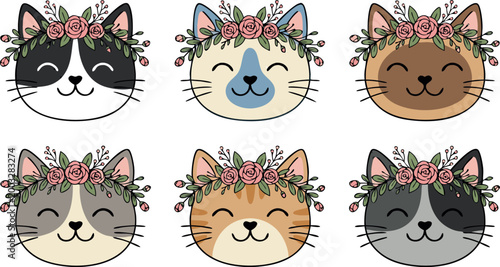 Adorable Cute Kawaii Cat Face Vector Collection Set Featuring Various Breeds Wearing Beautiful Pink Flower Crown Wreaths And Greenery