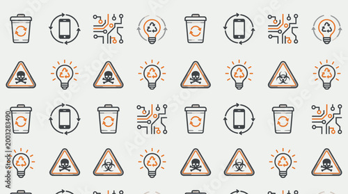 Electronic waste recycling icons and hazardous material symbols arranged in a sophisticated seamless repeating pattern for tech