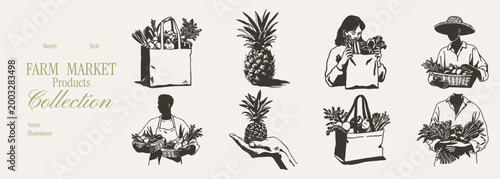 Farm market pineapple bags vendors and produce sketch set. Hand drawn pencil style scenes with shoppers, baskets and tropical fruit. Illustrations for advertising, with light rough grain lines.