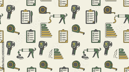 Energy auditing tools and household conservation symbols arranged in a sophisticated seamless repeating pattern for professional