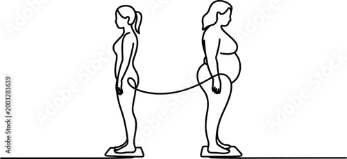 Continuous line drawing of two women with different body shapes standing on weighing scales to represent weight loss and health transformation progress