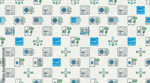 Energy saving appliances and sustainable household equipment symbols arranged in a seamless repeating pattern for consumer