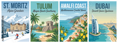 Breathtaking luxury resorts travel poster set. Including st moritz palace, tulum maya, amalfi coast, and dubai burj al arab. Retro vector illustration.