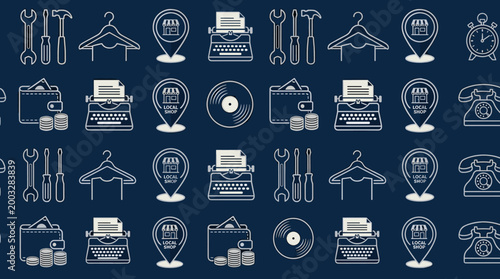 Ethical purchase symbols and responsible consumption icons arranged in a sophisticated seamless repeating pattern for professional