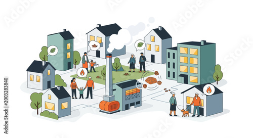 Community Heating System Illustration with Residential Buildings