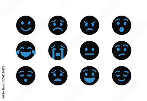 Collection of black emoji icons with blue expressions on a white background