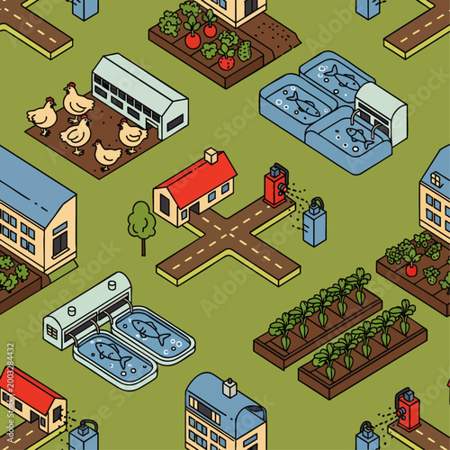 Isometric farm illustration with crops, fish farming, chickens, and buildings, representing sustainable agriculture and rural life.