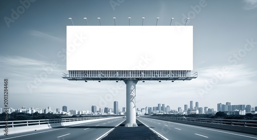 Large White blank billboard structure on highway overlooking city skyline for advertising campaigns