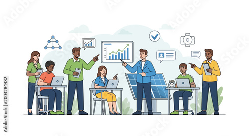 Diverse Professional Team Collaborating on Renewable Energy Project