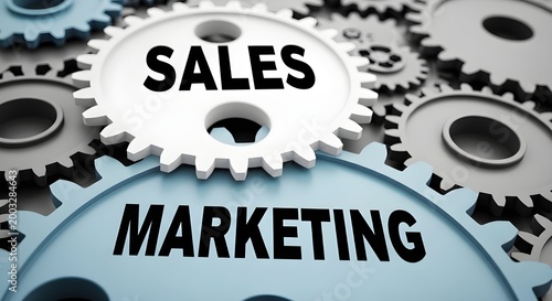 Sales and marketing gears interconnected for business success and growth synergy