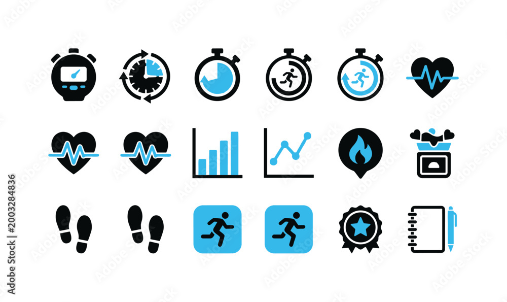 Fototapeta premium Collection of fitness and health icons representing progress and activity