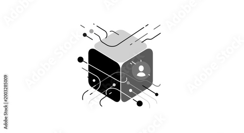 Photos 3D cube with network connections.
