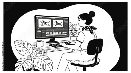 Woman animator editing dog movement on computer screen in cozy home office with house plants.