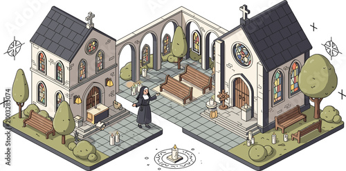 Isometric Catholic Church Map Tiles with Gothic Cathedral Buildings Nun Character Stained Glass Windows and Courtyard Elements for Strategy Gaming and World Building