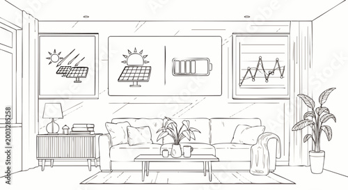 Modern living room interior with sustainable energy illustrations, showcasing solar power generation and battery storage for an eco-friendly home.