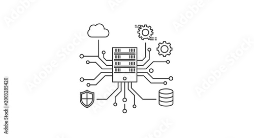 Server with network connections and icons.
