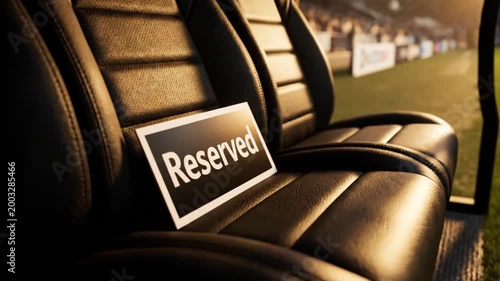 Cinematic Close-up of Reserved Sign on Luxury Leather Dugout Seats at Soccer Stadium During Sunset