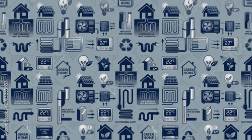 Residential geothermal heating symbols and domestic energy efficiency icons integrated into a sleek seamless repeating pattern for