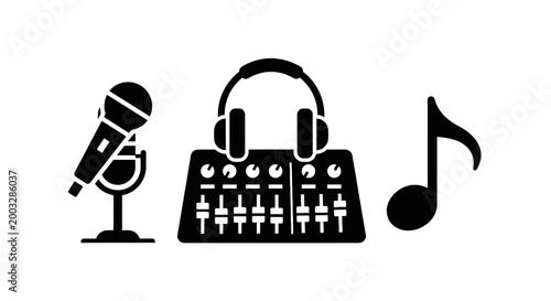 Sound mixer with headphones and microphone.