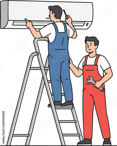 Air conditioner repair, technicians on ladder, maintenance workers, HVAC service