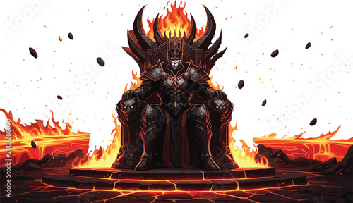 Dark Fantasy Overlord Character Sitting on Flaming Throne Surrounded by Lava and Fire for Epic Gaming Backgrounds and Villain Concept Art Illustrations