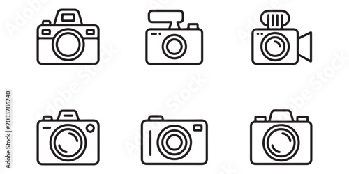 Set of Minimalist Camera and Video Camera Line Icons for Photography and Videography