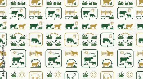 Holistic grazing icons and rotational pasture symbols arranged in a sophisticated seamless repeating pattern for livestock
