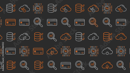 Green computing icons and data center symbols arranged in a sophisticated seamless repeating pattern for fintech themes. Advanced