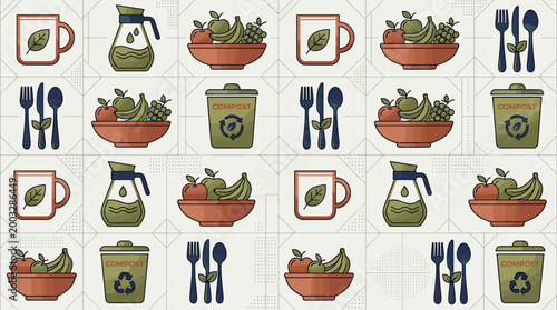 Green corporate pantry icons and sustainable breakroom symbols integrated into a sleek seamless repeating pattern for office