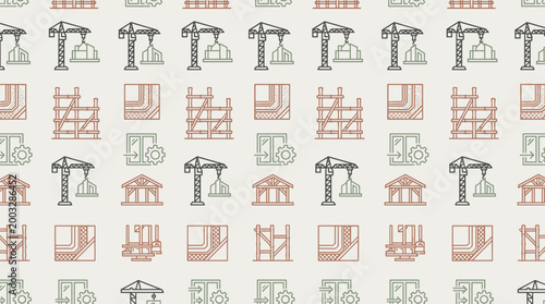 Green construction icons and sustainable building symbols arranged in a sophisticated seamless repeating pattern for architecture