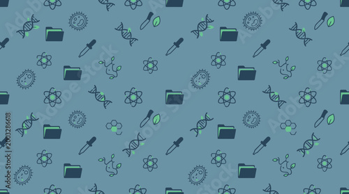Green tech research icons and digital laboratory symbols forming a continuous seamless pattern for scientific innovation materials