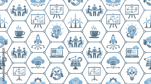 Green tech incubator icons and startup ecosystem symbols integrated into a sleek seamless repeating pattern for innovation hubs.