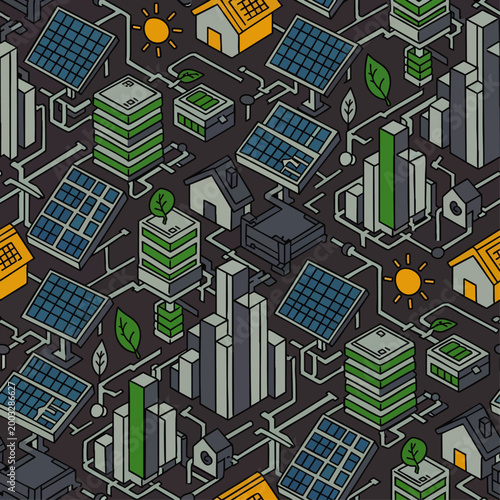 Isometric illustration of a sustainable city powered by solar energy with green buildings and solar panels