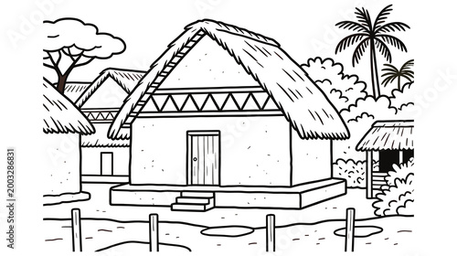 Traditional village landscape with tropical huts and palm trees under bright sunny sky scene.