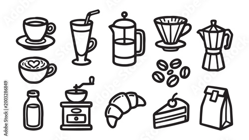 Coffee shop cafe outline icon set with espresso french press croissant cake beans vector illustration