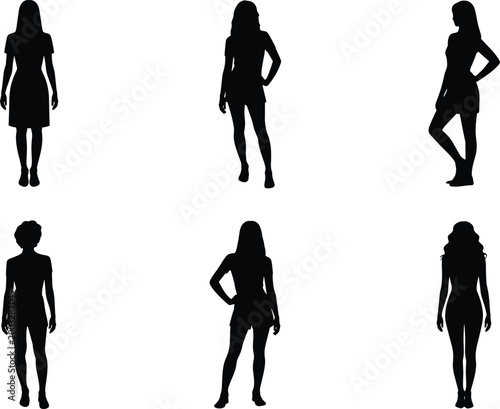 Female silhouette set with standing women poses isolated on white background for fashion design and lifestyle illustration