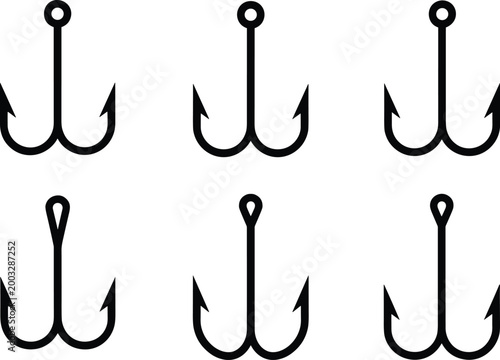 Fishing hook silhouette set with various hook shapes isolated on white background for tackle design and outdoor equipment