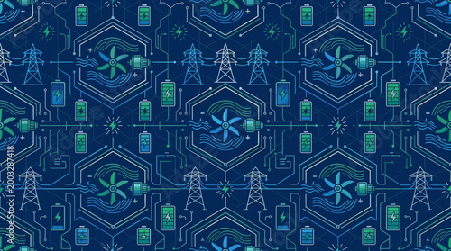 Sustainable hydro energy symbols and power grid icons integrated into a sleek seamless repeating pattern for utility platforms.