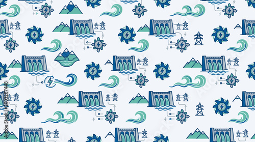 Hydroelectric power icons and water energy symbols arranged in a seamless repeating pattern for sustainable utility branding.