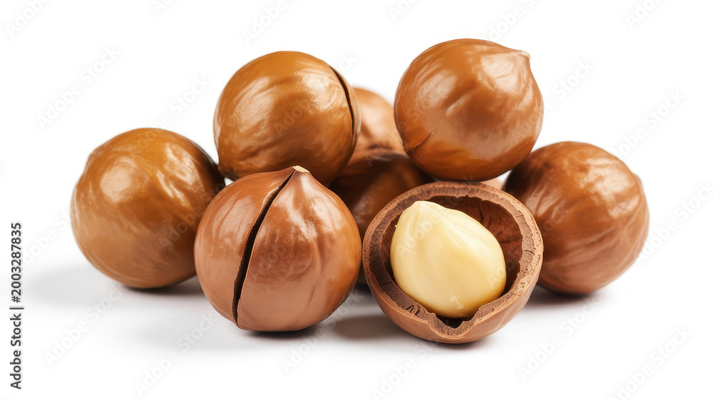 Fototapeta premium Pile of raw macadamia nuts with one cracked open showing the white kernel on a white background