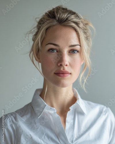 Elegant portrait of a young woman with blonde hair wearing a white button-up shirt captured in soft natural light for beauty and fashion concepts. Generative AI