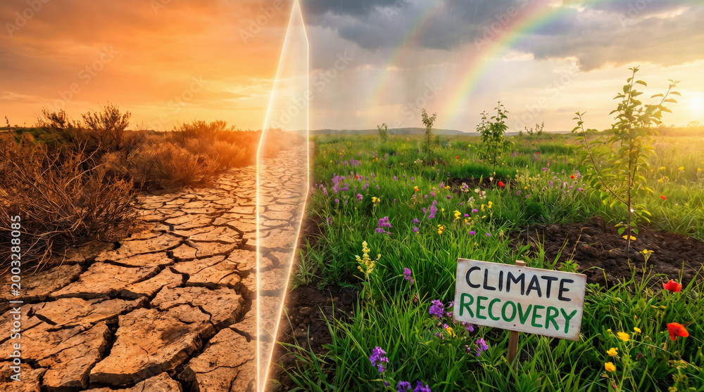 Fototapeta premium Climate recovery concept showing cracked dry land transforming into green healthy environment.