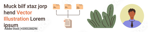 Digital workspace, file management, corporate presentations, team collaboration, organizational workflow, office environments. Three folders linked to a document, abstract leaves, male business